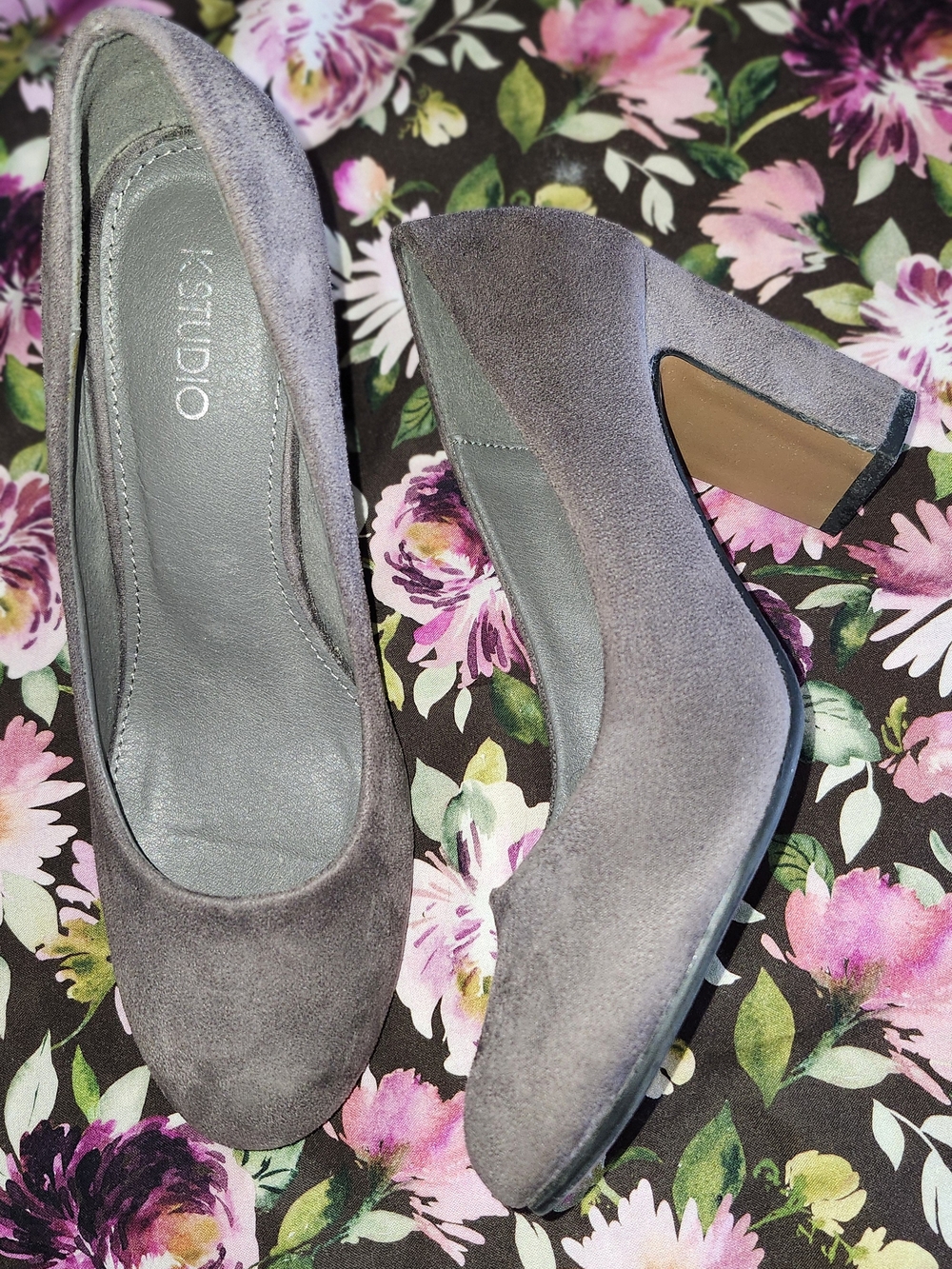 K Studio Gray Suede Block Heel Pumps 3" Heel